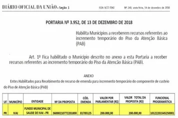 MAIS R$ 200.000,00 PARA A SAÚDE DE IVAÍ